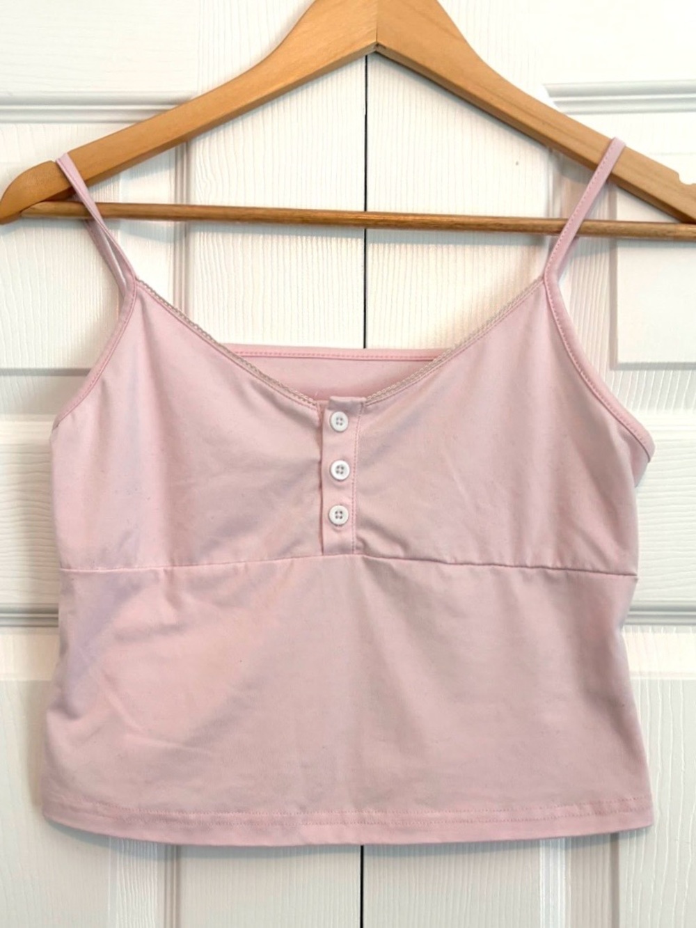 Women's Light Pink Spaghetti Strap Crop Tank Top - Casual Button Front